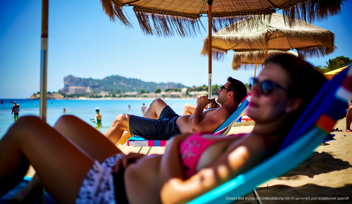 Sommerhitze in Alcúdia: Perfektes Wetter lockt Besucher Strand in Alcúdia mit Sommersonne und Touristen unter Sonnenschirmen