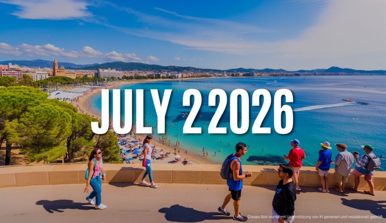 Mallorca erlebt sonnige und warme Temperaturen am 2. Juli 2026 Blick auf Palma de Mallorca an einem sonnigen Tag im Juli 2026 mit klarem Himmel und Strandaktivitäten.