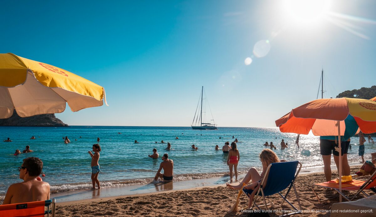 Angenehme Sommertemperaturen in Port d’Andratx erwartet Port d'Andratx Strand bei Sonnenschein und blauem Himmel