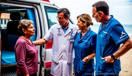 Mallorca startet Projekt für letzte Wünsche terminaler Patienten Pflegekräfte neben einem speziell ausgestatteten Krankenwagen am Strand von Es Carnatge auf Mallorca