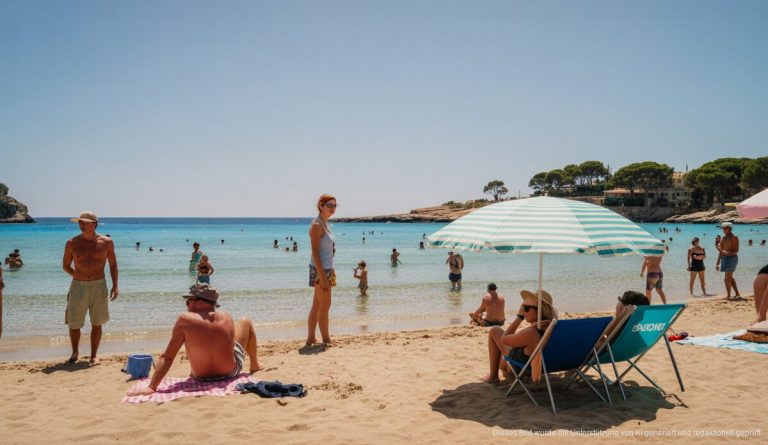 Hitze auf Mallorca: Strahlender Sonnenschein sorgt für angenehmes Badewetter Strahlender Sonnenschein auf einem Strand auf Mallorca mit Urlaubern und klarem Himmel