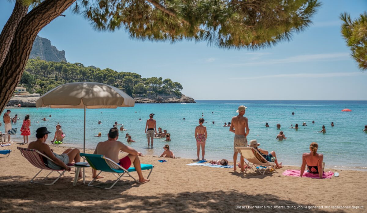 Strahlendes Wetter im südlichen Mallorca: Ein Sommertag im Paradies Perfekter Sommertag am Strand von Mallorca mit klaren blauen Himmel und Menschen in Badesachen.
