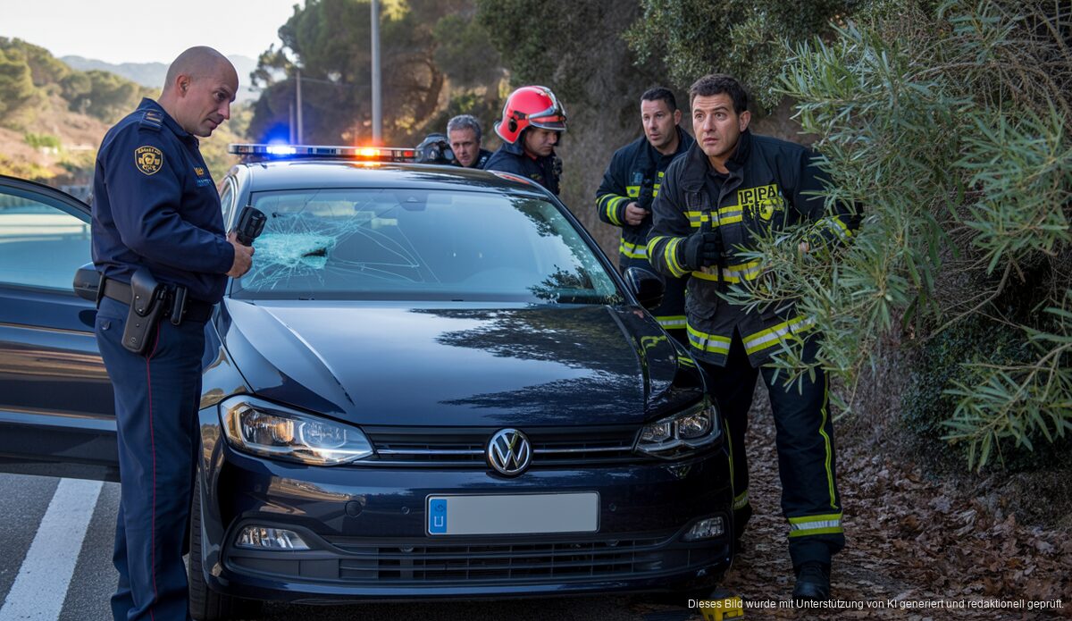 Nach Hotelparty: Tragischer Unfall in Capdepera Polizist untersucht beschädigten VW Polo TDI im Wald nach Unfall auf Mallorca