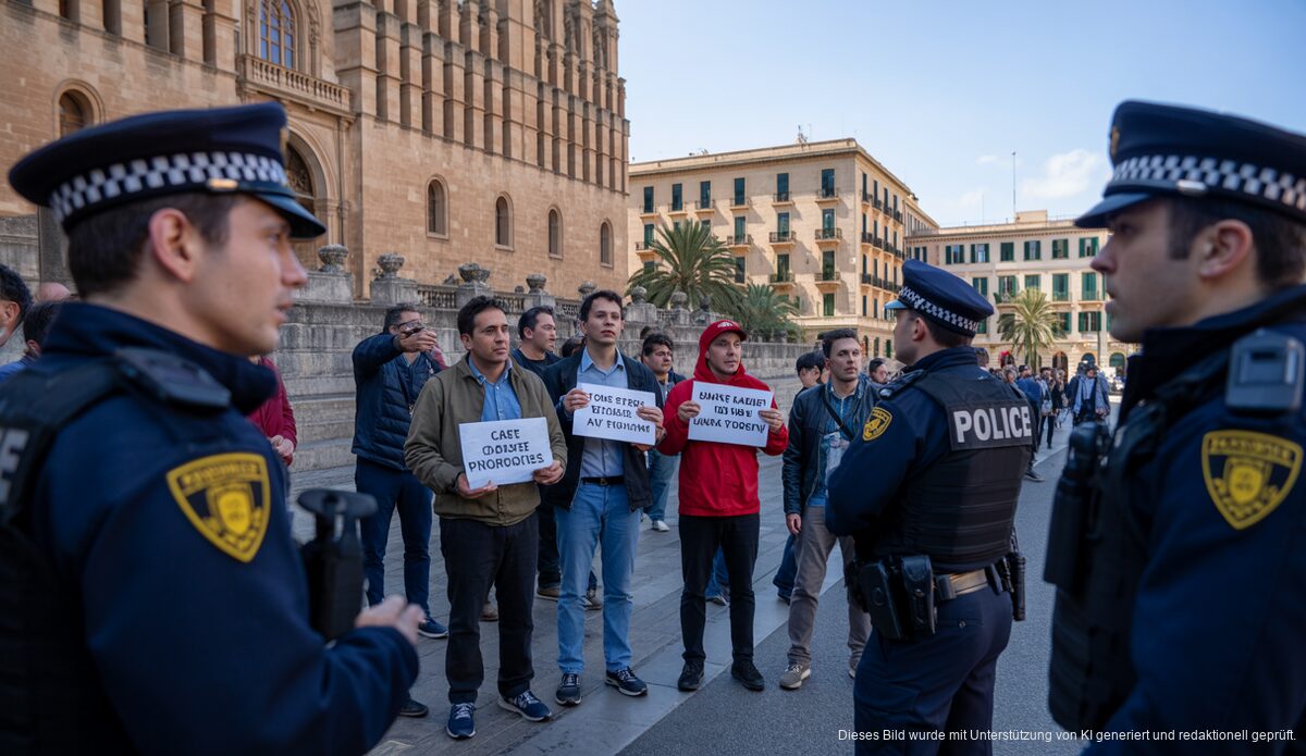 Protest gegen Tourismus in Mallorca vor einem historischen Gebäude