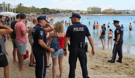 Polizisten und Touristen am Strand von Playa de Palma