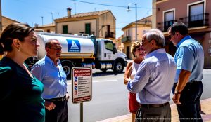 Wasserknappheit auf Mallorca: Höhere Bußgelder bei Verstößen Ein Wassertanker auf Mallorca mit Anwohnern, die Wasserrestriktionen diskutieren.