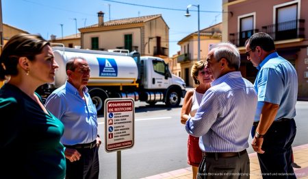 Wasserknappheit auf Mallorca: Höhere Bußgelder bei Verstößen Ein Wassertanker auf Mallorca mit Anwohnern, die Wasserrestriktionen diskutieren.