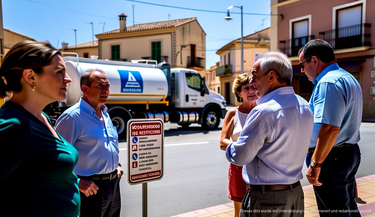 Wasserknappheit auf Mallorca: Höhere Bußgelder bei Verstößen Ein Wassertanker auf Mallorca mit Anwohnern, die Wasserrestriktionen diskutieren.