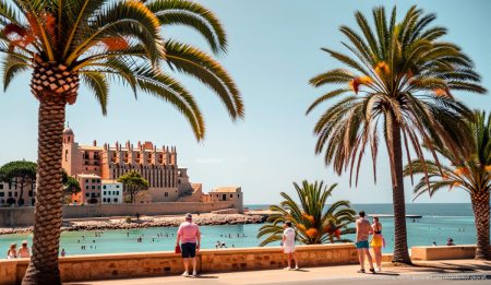 Sonnige Aussichten und Temperaturen um die 35°C erwartet Sonnenaufgang in Santanyí, Mallorca mit klarem Himmel und Meerblick