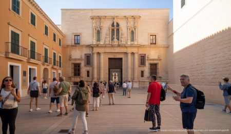Wiedereröffnung des Königspalasts La Almudaina auf Mallorca Eingang des Königspalasts La Almudaina auf Mallorca bei Sonnenlicht