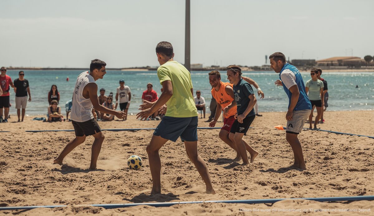 Teilnehmer spielen Beach Soccer auf den neuen Sportanlagen in Can Pastilla, Palma de Mallorca