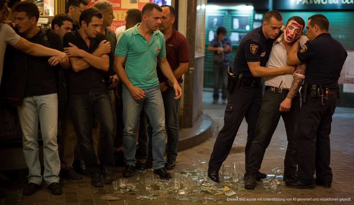 Schwere Attacke in Palma: Mann mit Glas verletzt Polizei verhaftet einen Mann in einem Barinterior in Palma nach einer gewaltsamen Auseinandersetzung mit Glasscherben am Boden.