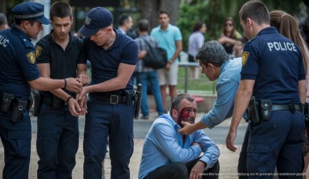 Jugendliche verprügeln Mann in einem Park auf Mallorca Szene im Park in Palma de Mallorca mit Polizei und jugendlichen Verdächtigen