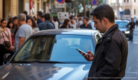 GPS-Überwachungsskandal durch Privatdetektiv in Palma aufgedeckt Foto eines Detektivs vor einem Auto in Palma, das von einem GPS-Tracker überwacht wird