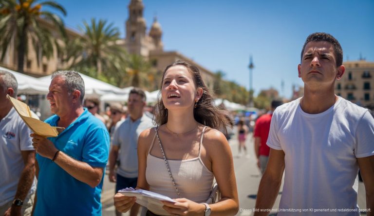 Sengende Hitze und strahlender Sonnenschein in Palma Sonniger Sommertag in Palma de Mallorca mit klaren blauen Himmel und geschäftiger Straßenszene.
