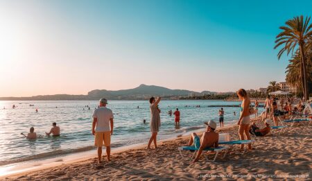 Heiße Temperaturen in Palma: Ein perfekter Sommertag vorabgesagt Sommerlicher Tag am Strand von Palma de Mallorca bei klarblauem Himmel und Menschen im Sommeroutfit.