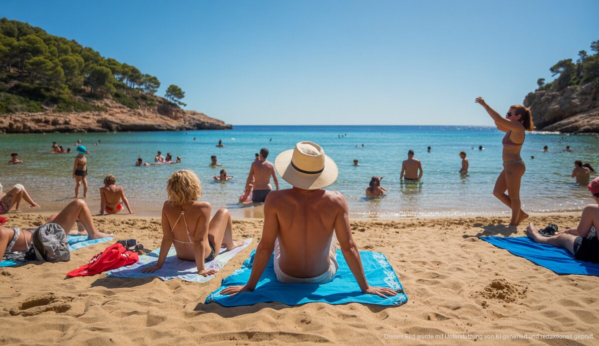 Hitzewelle bringt Temperaturen über 36 Grad nach Cala Rajada Sonniger Strand in Cala Rajada, Mallorca, mit Menschen im Sommer