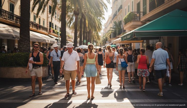 Mallorca: Hitze-Alarm am Wochenende sorgt für erhöhte Vorsicht Sommertag in Palma de Mallorca mit Menschen unter Palmen und intensiver Sonne