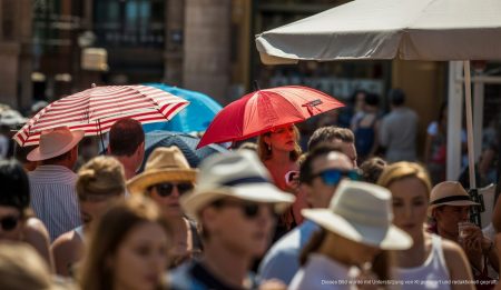 Mallorca-Hitze: Amber-Warnungen für das Wochenende ausgegeben Menschen auf einer heißen Straße in Palma de Mallorca mit Sonnenschirmen und Sommerkleidung