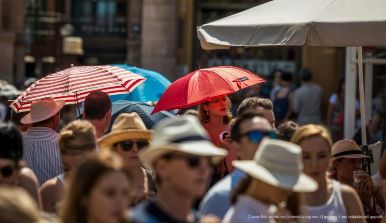 Mallorca-Hitze: Amber-Warnungen für das Wochenende ausgegeben Menschen auf einer heißen Straße in Palma de Mallorca mit Sonnenschirmen und Sommerkleidung