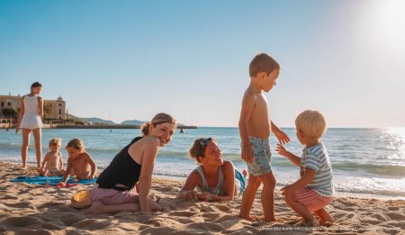 Hohe Temperaturen und klare Himmel auf Mallorca Strand von Alcúdia unter klarem Himmel und sommerlicher Hitze.