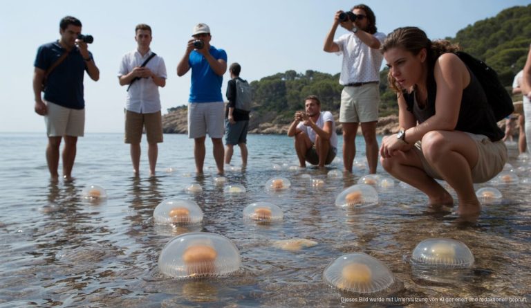 Jellyfish-Warnung: Anstieg in den Gewässern Mallorcas Touristen auf einem Strand Mallorcas beobachten Quallen im Wasser