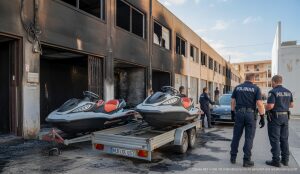 Polizeieinsatz in Palma: Mann zündet Jet-Skis wegen Nicht-Rückzahlung an Verbrannte Überreste von Jet-Skis in einer Lagerhalle in Palma, Polizei ermittelt.