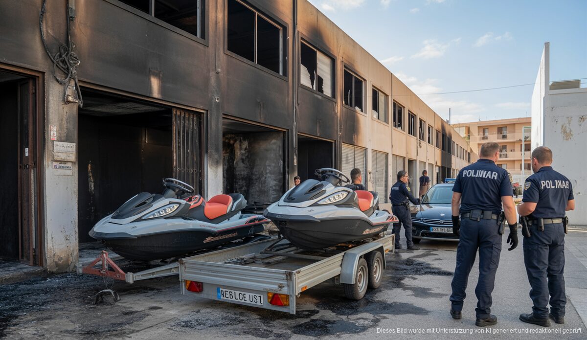 Polizeieinsatz in Palma: Mann zündet Jet-Skis wegen Nicht-Rückzahlung an Verbrannte Überreste von Jet-Skis in einer Lagerhalle in Palma, Polizei ermittelt.