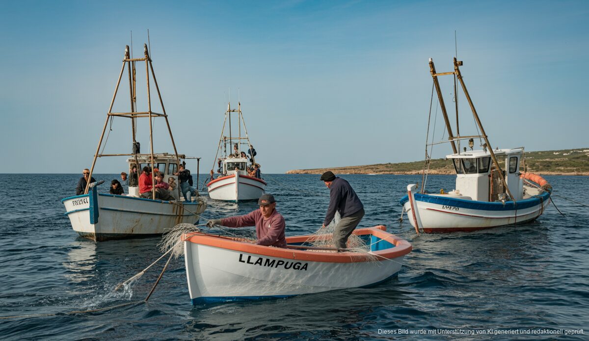 Mallorca startet Kampagne für den LLampuga-Fischfang Traditionelle Boote beim Llampuga-Fischen vor Mallorcas Küste