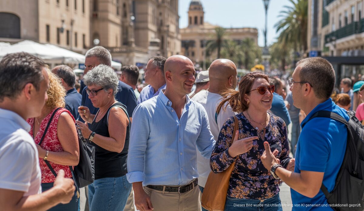 Mallorca: Herausforderungen und Perspektiven in der Diskussion Menschen auf den Straßen von Palma de Mallorca, die sich in lebhaften Gesprächen und Aktivitäten unterhalten