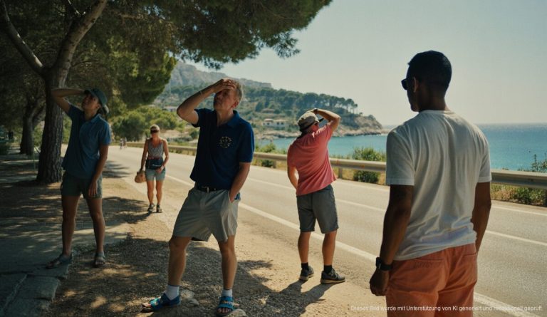 Mallorca leidet unter Rekordhitze und extrem hohen Temperaturen Landschaft auf Mallorca bei extremer Hitze mit Personen im Schatten