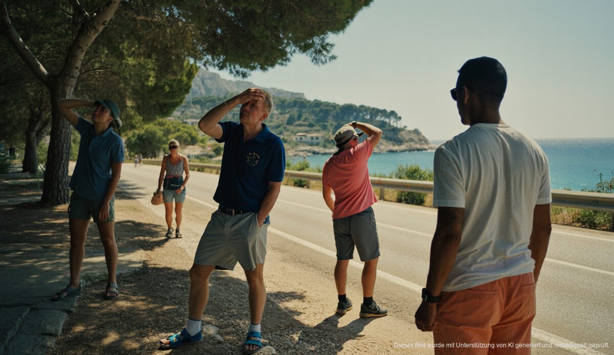 Mallorca leidet unter Rekordhitze und extrem hohen Temperaturen Landschaft auf Mallorca bei extremer Hitze mit Personen im Schatten