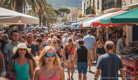 Touristen genießen den Sommer in einem lebhaften Ferienort auf Mallorca.