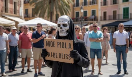 Diskussionen um Mallorcas Zukunft: Massentourismus im Fokus Mallorca-Platz in Capdepera mit Person im Skull-Maske, die ein Schild hält