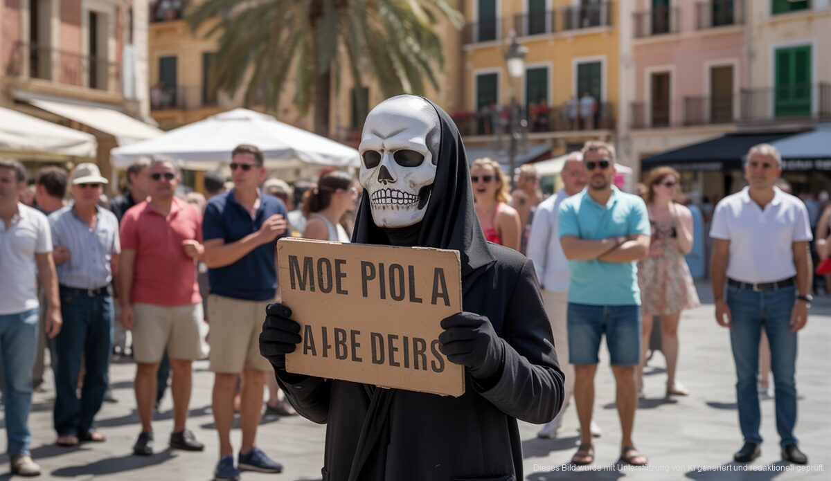 Diskussionen um Mallorcas Zukunft: Massentourismus im Fokus Mallorca-Platz in Capdepera mit Person im Skull-Maske, die ein Schild hält