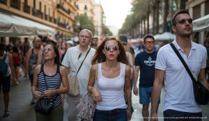 Kontroversen und Entwicklungen: Mallorcas Reise in die Zukunft Straßenszene in Palma de Mallorca unter intensiver Sonne mit Menschen in Bewegung