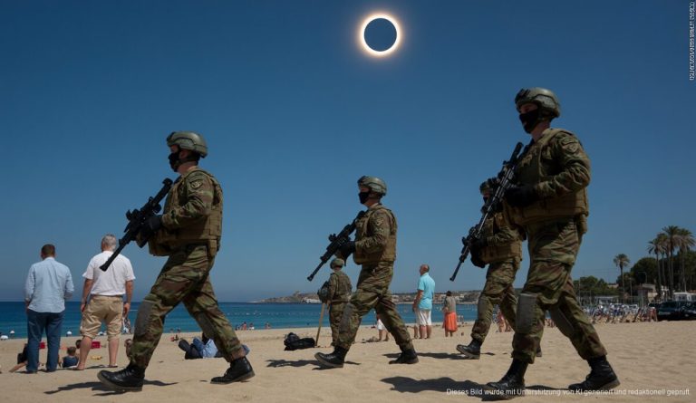 Militär in Palma de Mallorca wegen Sonnenfinsternis im Einsatz Soldaten patrouillieren während Sonnenfinsternis am Strand von Palma de Mallorca