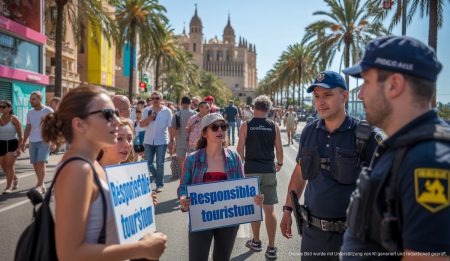 Palma Beach: Megapark Teil des neuen Anti-Sauftourismus-Plans Aktivisten protestieren in Palma de Mallorca, umgeben von Touristen und Polizei