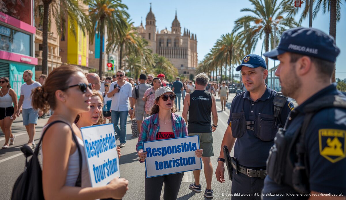 Palma Beach: Megapark Teil des neuen Anti-Sauftourismus-Plans Aktivisten protestieren in Palma de Mallorca, umgeben von Touristen und Polizei