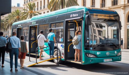 Neue Elektrobusse in Palma steigern die Barrierefreiheit Moderner Elektrobus in Palma mit Zugangsrampe und Passagieren