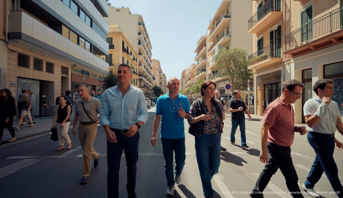 Palma de Mallorca: Höchste Mietkosten in Spanien Moderne und traditionelle Architektur in Palma de Mallorca mit Fußgängern auf der Straße.