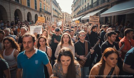 Proteste gegen Massentourismus blockieren Sóller Protest gegen Massentourismus in Sóller auf Mallorca mit großer Menschenmenge und Bannern