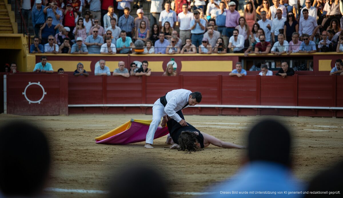 Proteste bei Stierkampfvorstellung in Palma erfolgreich abgewehrt Szene eines Protests beim Stierkampf in Palma de Mallorca mit Sicherheitskräften und Aktivisten.