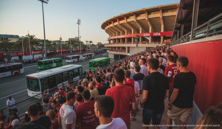 RCD Mallorca trifft auf Paris Saint-Germain beim 48. Ciutat de Palma EMT-Busse und Fans vor dem Stadion Mallorca Son Moix in Palma