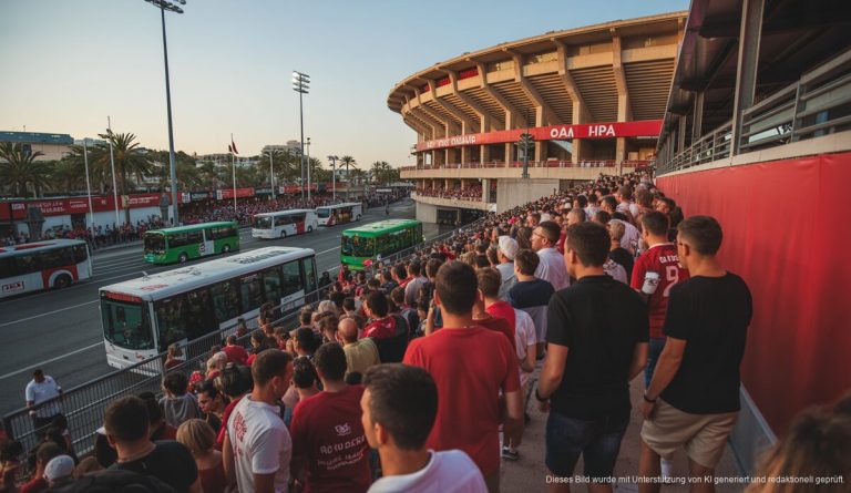RCD Mallorca trifft auf Paris Saint-Germain beim 48. Ciutat de Palma EMT-Busse und Fans vor dem Stadion Mallorca Son Moix in Palma