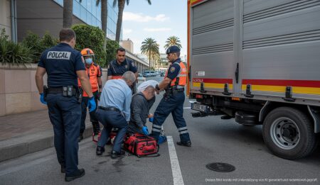 Schwerer Unfall in Palma: Arbeiter bei LKW-Rückfahrunfall verletzt Arbeitsunfall in Palma de Mallorca auf einem Parkplatz mit Rettungsdiensten