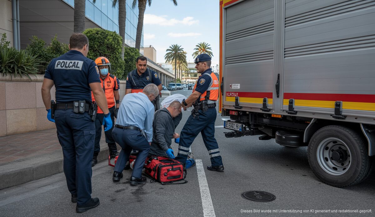 Schwerer Unfall in Palma: Arbeiter bei LKW-Rückfahrunfall verletzt Arbeitsunfall in Palma de Mallorca auf einem Parkplatz mit Rettungsdiensten