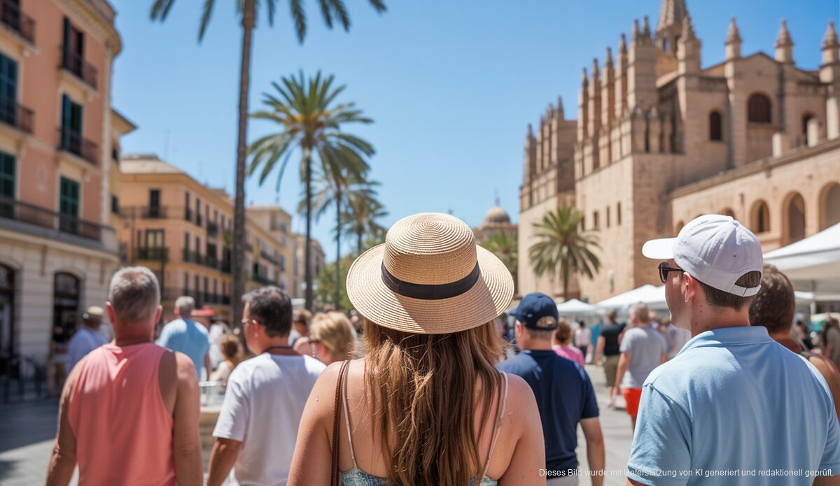 Hochsommerliche Temperaturen auf Mallorca: Ein heißer Tag erwartet Eine sommerliche Straße in Palma de Mallorca, Menschen mit Sonnenhüten und Wasserflaschen