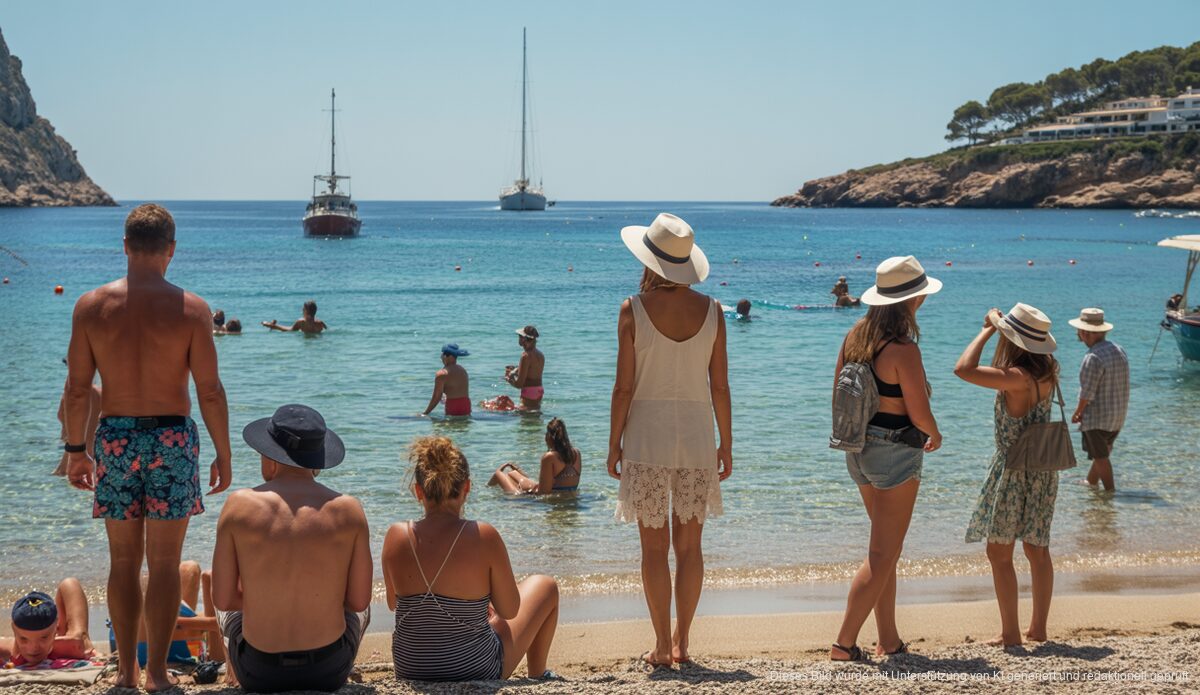 Sonnige Aussicht in Port d’Andratx: Sommerwetter erfreut Inselbesucher Sonniger Tag am Strand von Port d'Andratx mit Menschen in Sommerkleidung