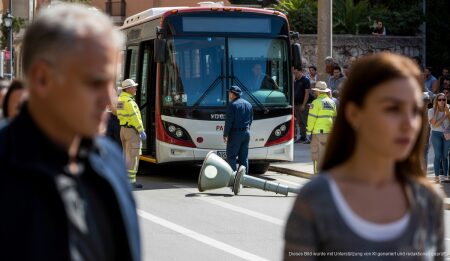 Tragischer Unfall auf Mallorca: Bus reißt Laterne um Bus angehalten neben umgestürzter Laterne in Valldemossa, Mallorca
